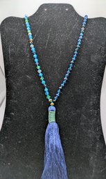 Vintage RENEES Long Multi Blue Tone Acrylic Beaded Tassel Accent Necklace
