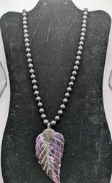 Vintage CHAKKAR  (Turkey) Long Black Bead & Natural Amethyst  With Rhinestone Leaf Design Pendant