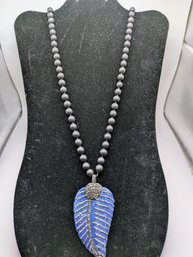 Vintage CHAKKAR  (Turkey) Long Black Bead & Natural Lapis With Rhinestone Leaf Design Pendant