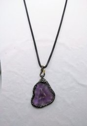 Black Mesh Chain With Rhinestone & Natural Amethyst Stone Slice Pendant Necklace