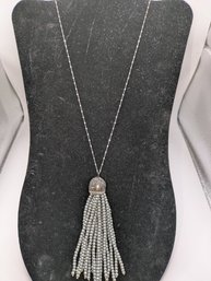 Vintage  (italy) .925 Sterling Chain With Gray Pearl & Rhinestone Tassel Pendant Necklace