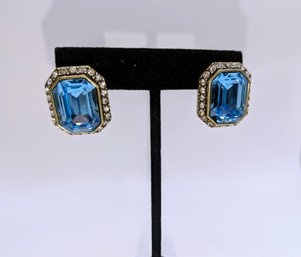Vintage Heidi Dause Large (Believed To Be) Swarovski Blue & Clear Crystal Accent Earrings