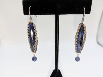 Long Oval-shaped Lapis Lazuli With Rope Trim Accent Earrings
