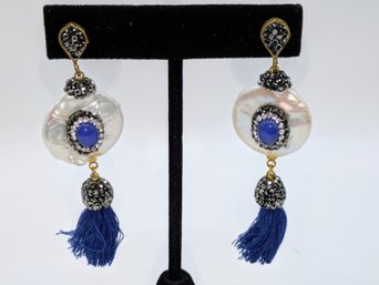 Round Pear, Rhinestone, Blue Stone & Tassel Accent Earrings
