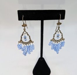 Silver Tone Blue Beaded Chandelier Earrings