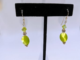 Silver Tone Chartreuse Lime Color Beaded Dangle Earrings