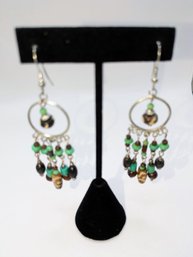 Silvertone With Turquoise & Brown Bead Dangle Earrings