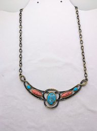 Vintage Marked Caroline, Gold Tone Pink & Blue Turquoise Necklace