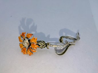 Vintage  Coro Signed Silver Tone Enamel & Rhinestone Accent Flower Brooch