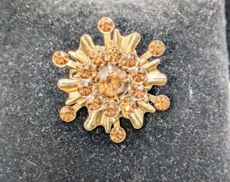 Vintage Gold Tone Amber Rhinestone Embellished Brooch