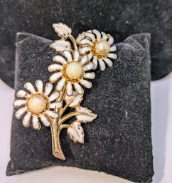 Vintage Signed CORO Gold Tone Enamel & Faux Pearl Accented Flower Brooch