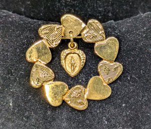 Vintage Gold Tone Madonna Surrounded By Hearts Pin