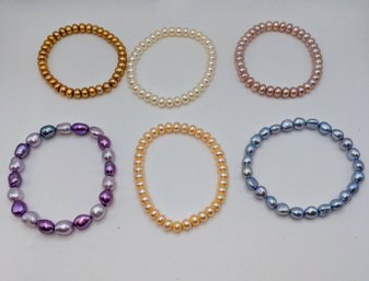 Set Of (6) Various Color Pearl Stretch Bracelets
