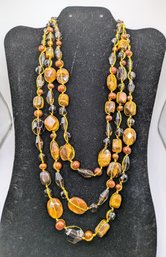Vintage Triple Strand Brown Glass Crystal & Tiger Eye Gemstone Beaded Necklace