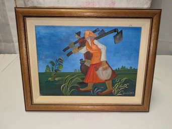 Signed & Dated Framed Artwork Painting  Of Naive Art By The Notable Serbian Artist Martin Jona (1924-1996)