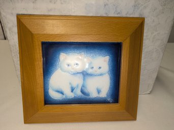 Framed Enamel Painting Of Two White Cats - (Japan)