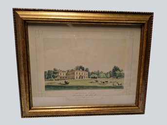 Antique Framed Hand-colored Lithograph Depicts Rufford New Hall In Lancashire, England Pub. 1847