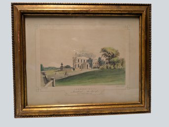 Antique Framed Hand-colored Lithograph Cuerden Hall, Lancashire, The Seat Of Robert Townley Parker, Esq  1847