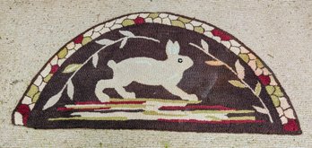 Vintage Folk Art Hand-Hooked Half-Moon Hearth Rug  Primitive White Rabbit