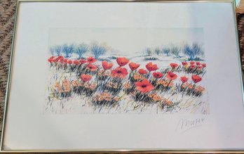 Vintage Signed Impressionist Red Poppies Field Landscape Art Print  Framed
