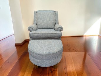 Legget & Platt Custom Upholstered Swivel Glider Armchair With Matching Half Moon Ottoman