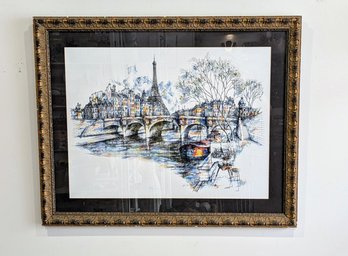 Signed And Dated Pen, Ink, And Watercolor Wash Painting, Paris Along The Seine