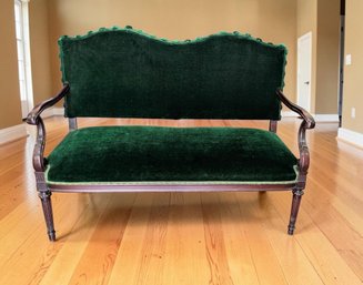 Two-seat Antique Louis XV Style Mahogany Wood & Green Velvet Settee