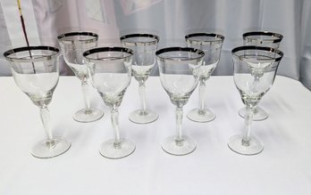 Set Of (8) Vintage MCM Double Silver/Platinum Ring Stemmed Wine Glasses