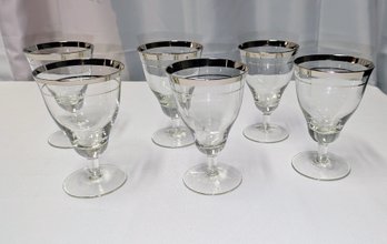 Set Of (6) Vintage MCM Double Silver/Platinum Ring Stemmed Water Glasses