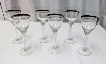 Set Of (6) Vintage MCM Double Silver/Platinum Ring Stemmed Liquor/Cordial Glasses