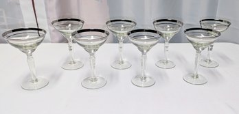 Set Of (6) Vintage MCM Double Silver/Platinum Ring Stemmed Martini/Cocktail/Champagne Glasses