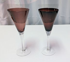 Pair Of Vintage Pottery Barn Hand-blown Amethyst/cranberry Glass V-shaped Wine Glasses