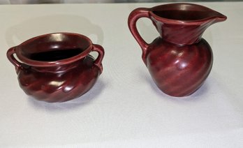 Vintage CAMARK Pottery Swirled Maroon Cream Pitcher & Open Double Handle Sugar Bowl Set