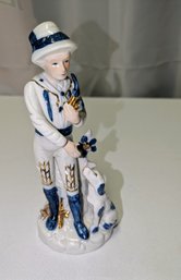 Vintage White & Blue Porcelain Figurine Of An 18th-century Or Victorian-style Gentleman With Dog Figurine