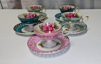 Collection Of (5) Vintage Various Color Royal Halsey Pedestal Cup & Saucer Sets Made In Japan