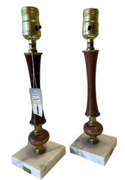 Pair Of Mid Century Walnut & Marble Bedside Lamps W/ Tags By Norman