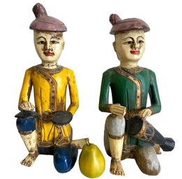 A Pair Of Large Thai Hand Carved And Painted Wooden Musicians