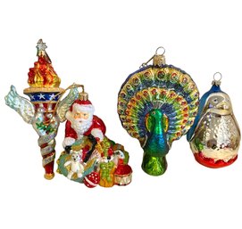 Four Hand Blown Glass Ornaments -Santa And Many Birds (K9)