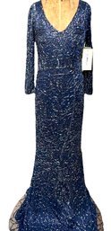 THEIA COUTURE Navy Blue Beaded Gown With 3/4 Sleeves, Original Price $1595. - Size 10