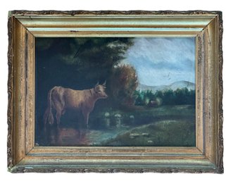 Antique Oil On Board 'Cow Under Trees'