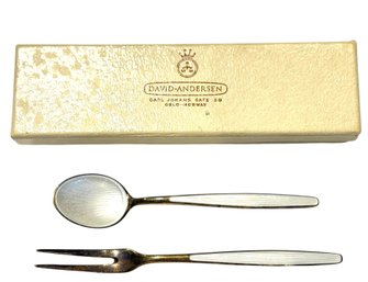 Mid Century Frigast Danish Modern Sterling And  White Enamel Demitasse Spoon And Cocktail Fork