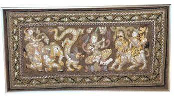 Antique Five Foot Burmese Kalaga Raised Embroidered Tapestry In Shadowbox Frame