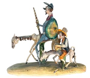 Signed Don Quixote & Sancho Panza Hand-Painted Italian Ceramic Sculpture