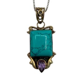 (A105) Sterling Silver Rectangular Turquoise And Amethyst Box Chain Necklace