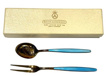 Mid Century Frigast Danish Modern Sterling And Blue Enamel Demitasse Spoon And Cocktail Fork