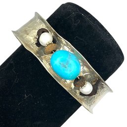 (S1) Sterling Silver Textured Wide Cuff Bracelet With Raised Beaded Accent