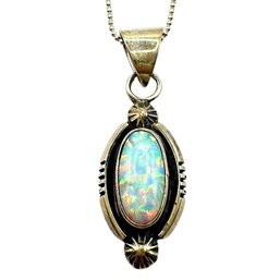 Vintage Italian Sterling Silver Ball Chain Necklace With Oval Opal Pendant