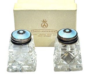 Mid Century David-Andersen Danish Modern Sterling And Blue Enamel Crystal Salt & Pepper Shakers