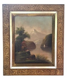 Large Antique Painting In Ornate Frame ' Sailboat On River'