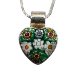 (B17) Italian Sterling Silver Millefiori Glass Heart Necklace